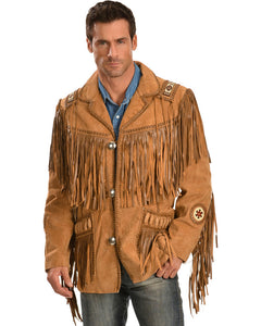 Classic Western Suede Leather Jacket with Leather Fringes and handcrafted Beads