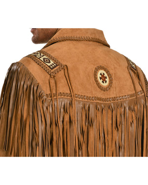 Classic Western Suede Leather Jacket with Leather Fringes and handcrafted Beads