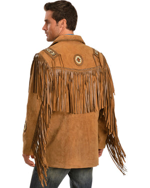 Classic Western Suede Leather Jacket with Leather Fringes and handcrafted Beads