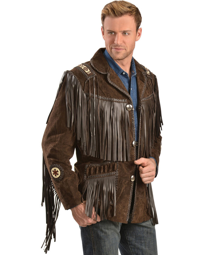 Classic Suede Leather Jacket with Leather Fringes and handcrafted Beads