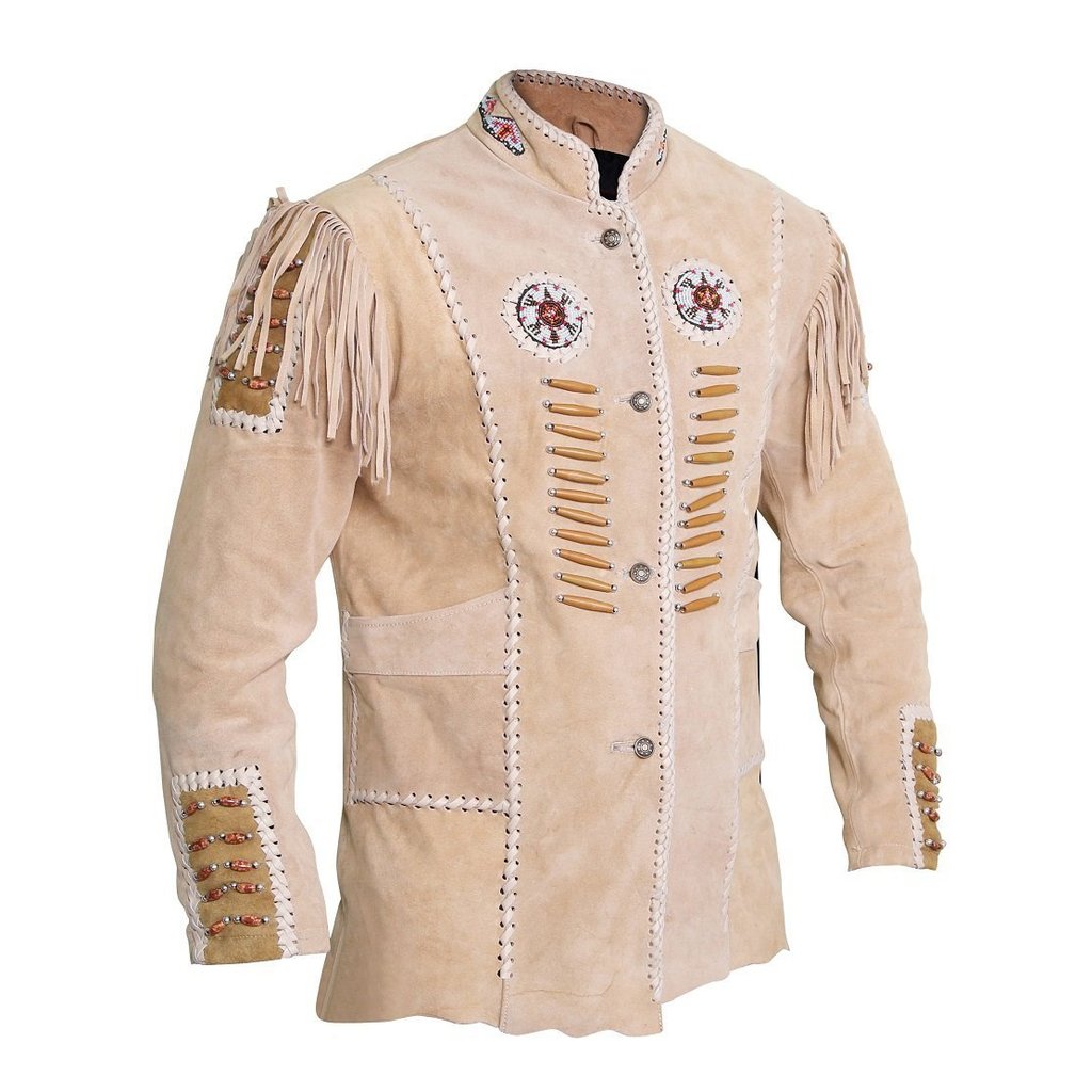 Traditional Cowboy Style Suede Leather Jacket with fringes and beads