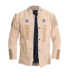 Traditional Cowboy Style Suede Leather Jacket with fringes and beads