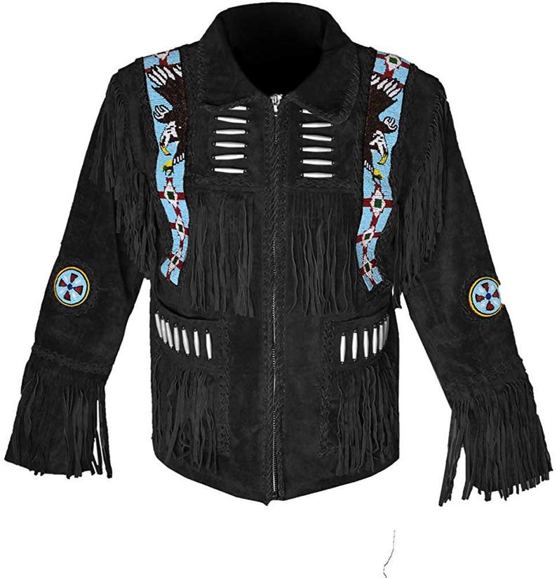 Traditional Western Suede Leather Jacket with fringes and beads